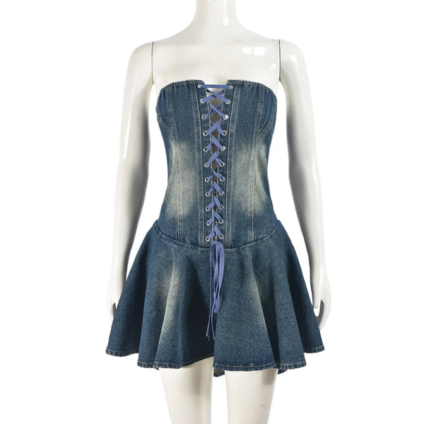 Trendy Denim Mini Lace Up Shoulder Dress