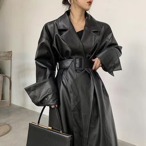 Trendy Long Oversized Leather Trench Coat