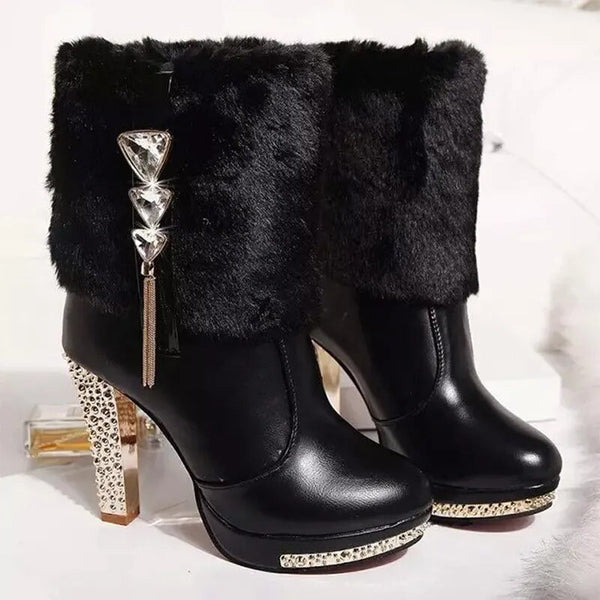Trendy Waterproof Rhinestones Faux Fur High Heel Boots