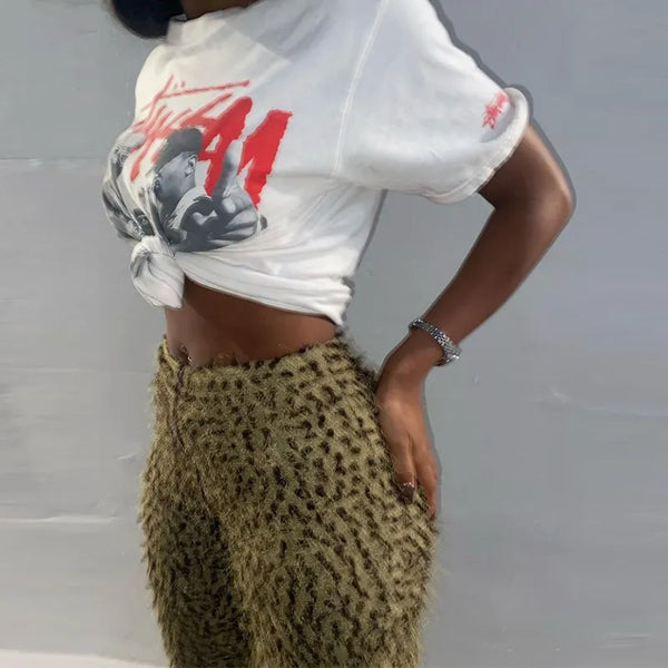 Women Pants Folds Leopard  Herfst Undefined High Street Sheath Slim Attirewear Stretchy High Waist Body-Shaping Streetwear
