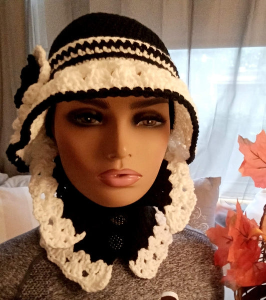 Trendy Fall Black And White Crochet Hat And Scarf Set