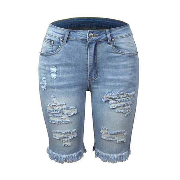 Trendy High Stretch Mid-Shaped Ripped Jean Shorts