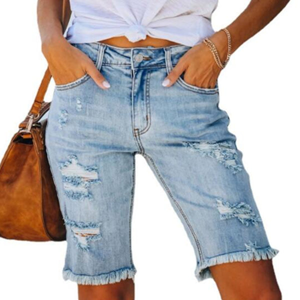 Trendy High Stretch Mid-Shaped Ripped Jean Shorts