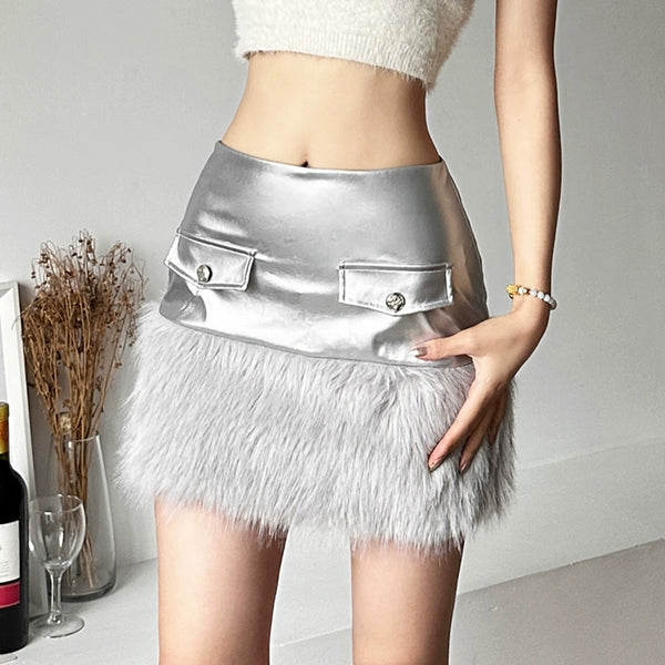 Trendy Silver Patchwork Fur Mini Skirt