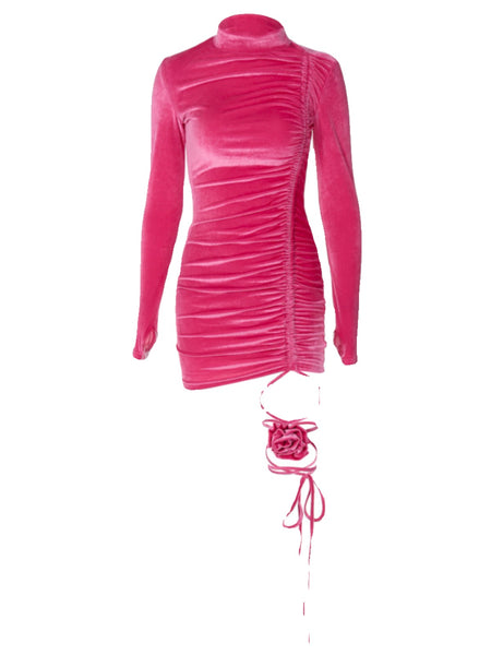 Trendy Velvet Pink Rose Party Dress With Leg Rose