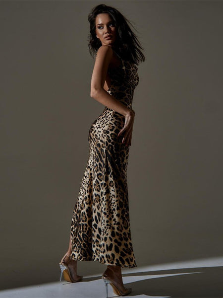 Trendy Low Cut Backless Leopard Print Maxi Dress