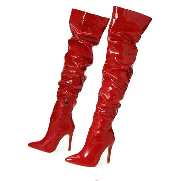 Trendy Over Knee Pleated Patent Leather High  Heel Boots