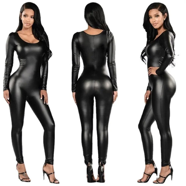 Trendy  Black Leather Cat Suit Inspired Longe Sleeve Jumpsuit