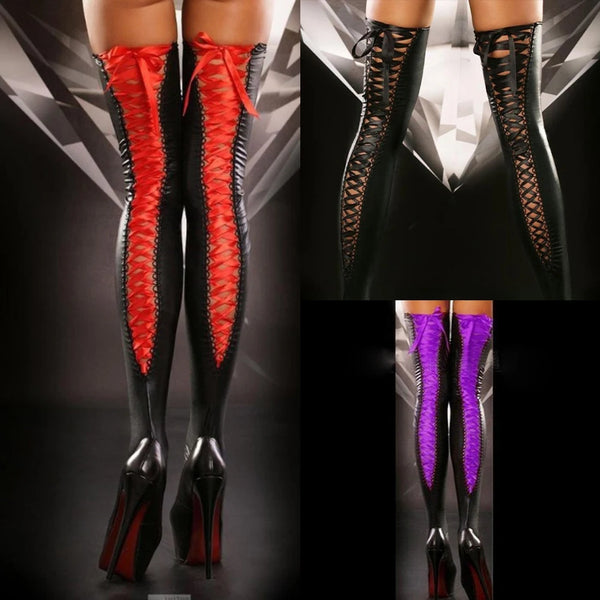Trendy High Patent Leather Lace Up Stockings