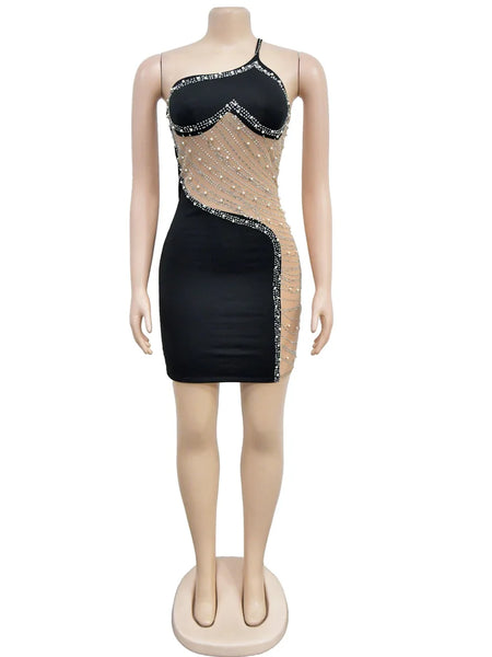 Trendy Mesh Pearls Rhinestone Party Dress