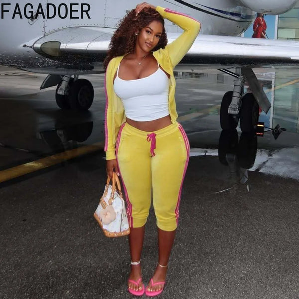 FAGADOER Y2K Trendy Color Block Striped 2 Piece Sets Women Casual Zipper Top Pocket Patchwork Drawstring Bodycon Shorts Suits