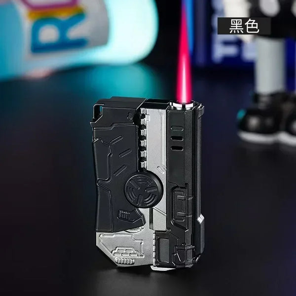 Metal Folding Gun Style Inflatable Lighter Windproof Butane Gas Jet Red Flame Gyroscope Lighter with Laser for Men's Small Tool