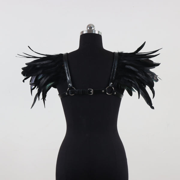 Trendy Feather Black Faux Leather Shawl Cape