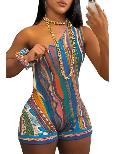 Trendy Multicolor One Shoulder Sleeveless Romper