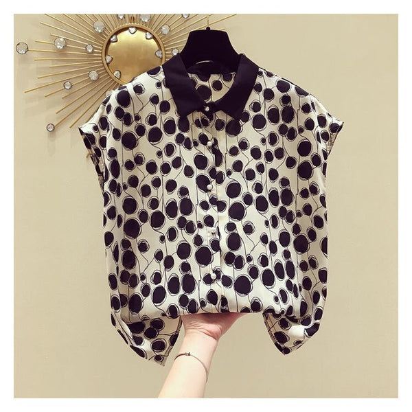 Woman Summer Style Blouses Tops Lady Casual Short Batwing Sleeve Peter Pan Collar Polka Dot Printed Blusas Tops ZZ1392