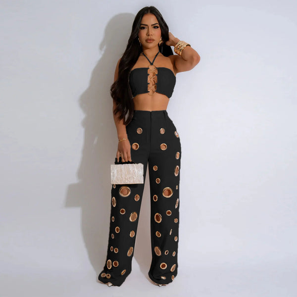Trendy Hollow Out Two Piece Crop Top And Bottom Pants Set