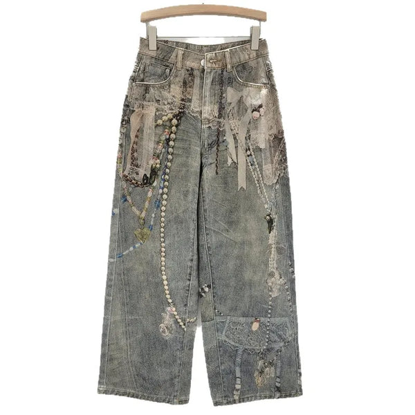 Lace Pearl Chain 3D Printed Wide Leg Jeans, Women Loose Straight-leg Trousers, Fashion Street Wear
