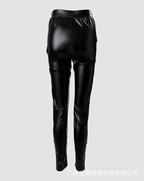 Trendy Black High Waist Flower Design Leather Pants
