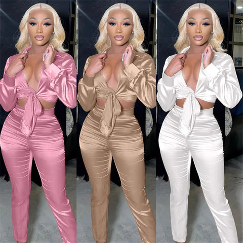 Trendy Satan Lace Up Crop Top And Bottom Pants Set