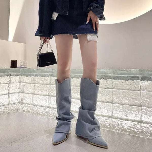 Trendy Pleated Denim Blue Thick Heeled Pointed Toe Western Boots