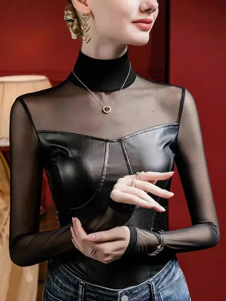 Trendy High Collar Mesh Leather Long-Sleeve