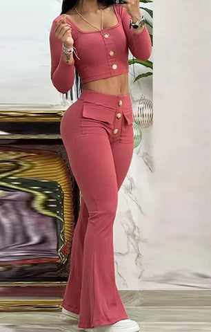 Trendy Crop Top And High Waist Flared Pants Set