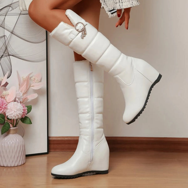 Trendy Solid Puff Leather Knee High Wedge Boots