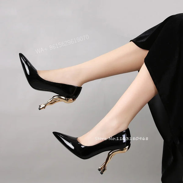 Trendy Gold Hip Pointed Toe High Black Genuine Leather Heels