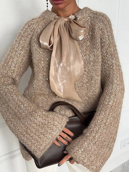 Trendy  Pullover  Loose  Lace Up Bow Sweater