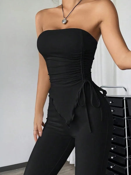 Trendy Two Piece Ruffle Crop Top And Pants Set