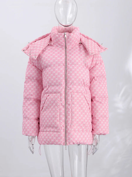 2026 Winter Printed Hooded Puffer Coat Stand Collar Zip Up Big Pockets Women Street Casual Daily Fashion Outfit Trendy Outerwear