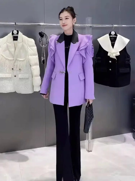 Trendy Purple 3D Flower Blazer Jacket