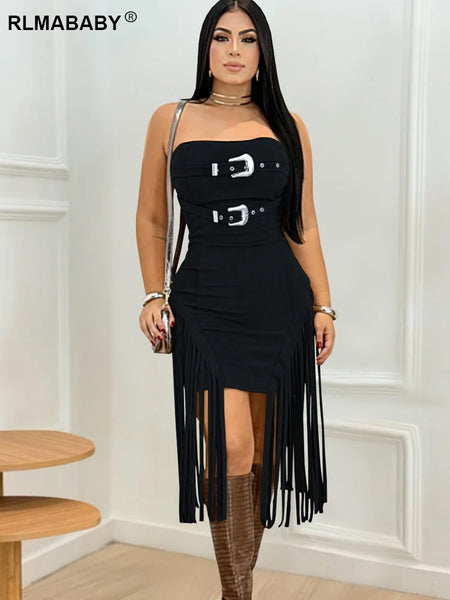 Trendy Fringed Tassel Backless Dress With Belt