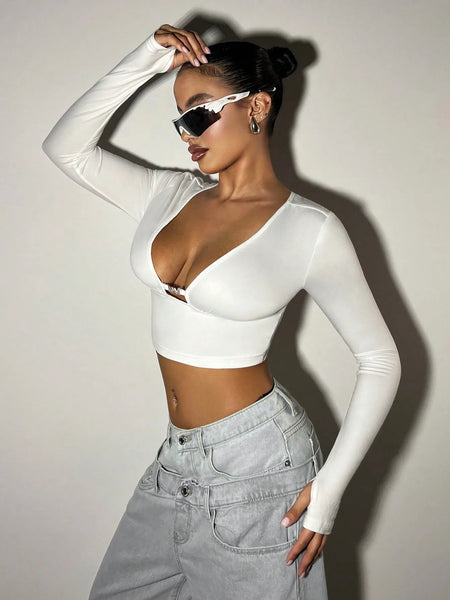 Trendy Hollow Out V Neck Backless Blouse