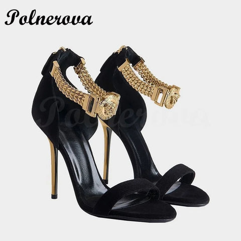 Trendy Black And Gold Stiletto Buckle Heels