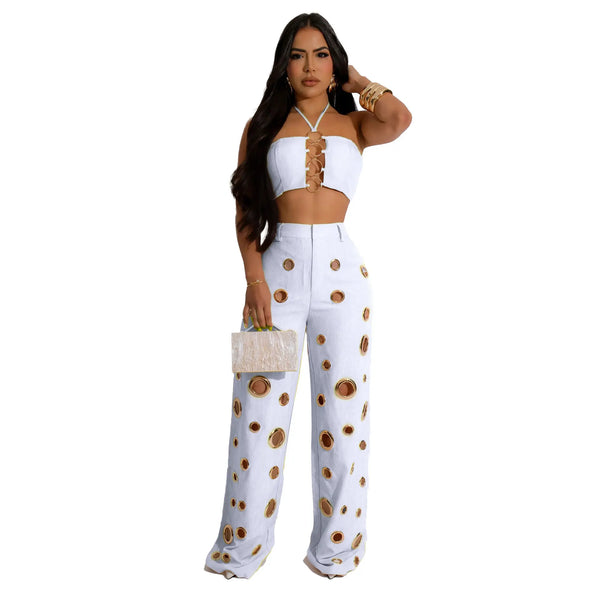 Trendy Hollow Out Two Piece Crop Top And Bottom Pants Set