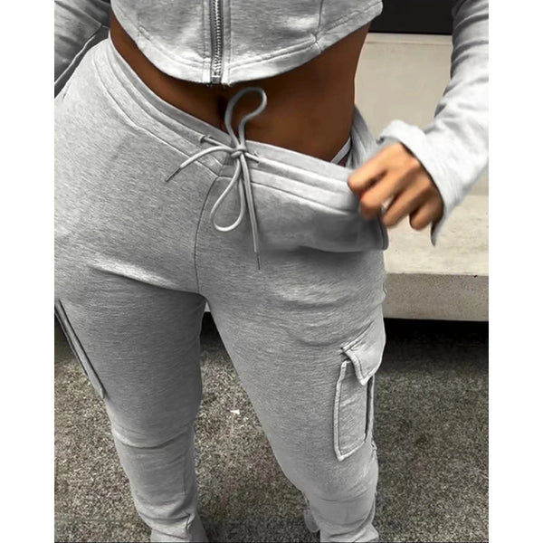 Trendy Hooded Casual Crop Jacket And Pants Set