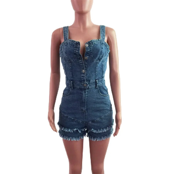 Trendy Denim With Suspenders Backless Tassel Jumpsuit