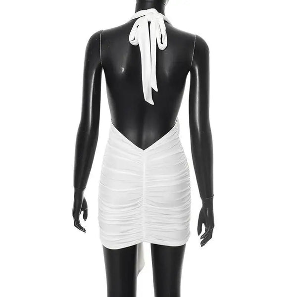 Trendy Sleeveless Halter Pleated Ribbon Dress