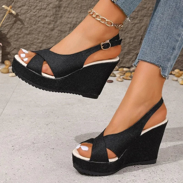 Trendy Ankle Buckle Wedge Denim Sandals