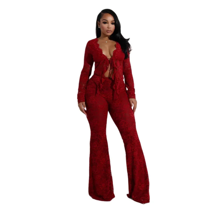 Trendy Lace Cardigan Fringed Two Piece Wide Leg Pants Set