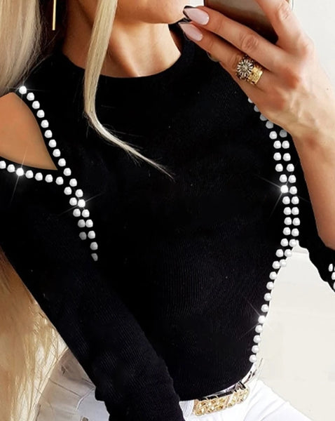 Trendy Hollow Out Rhinestone Blouse