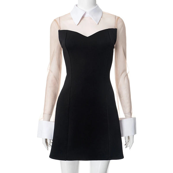 Trendy Elegant  Black Turn Down White Collar Mini Dress