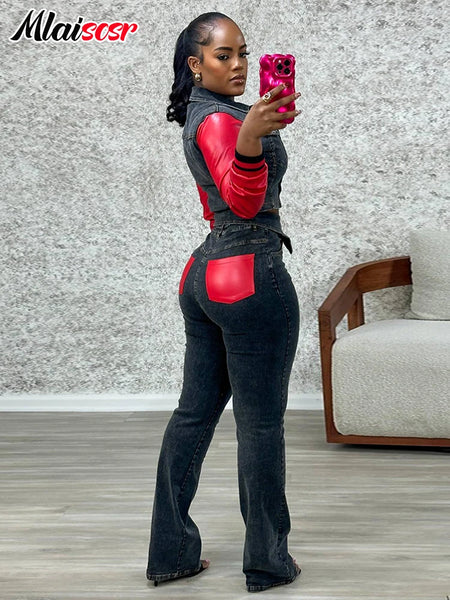 Trendy Denim Faux Leather Patchwork Jacket And Pants Set