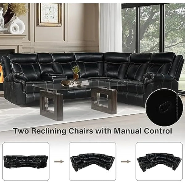 Trendy Faux Leather Sectional Sofa-Manual Recliner with Cup Holder