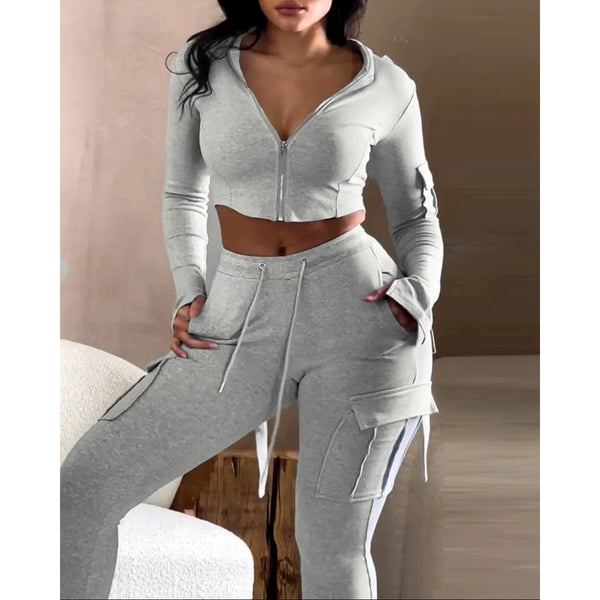 Trendy Hooded Casual Crop Jacket And Pants Set