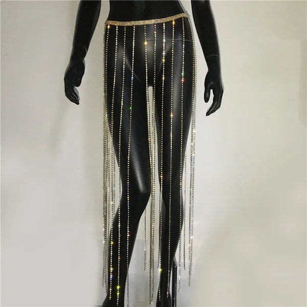 Trendy Glitter Rhinestone Long Tassel Chain Skirt