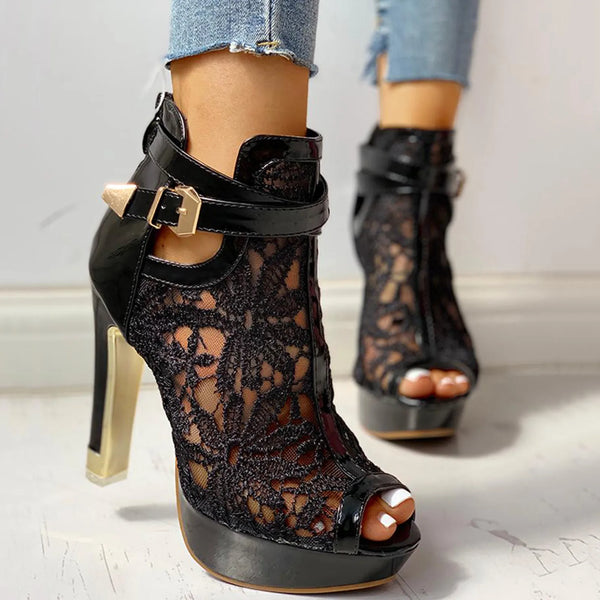 Trendy Floral Lace Hollow High Steel Pump Heels