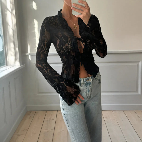 Trendy Lace Mesh Chiffon Long Sleeve Blouse