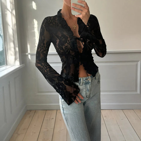 Trendy Lace Mesh Chiffon Long Sleeve Blouse